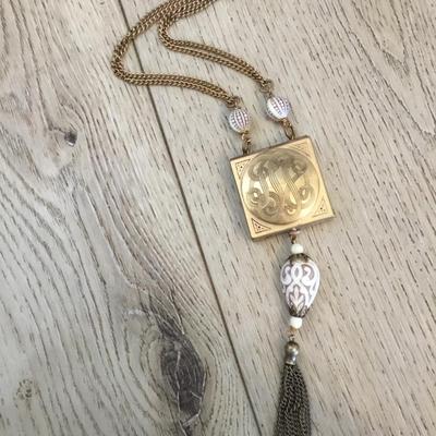 Rare antique Victorian, lockbox, monogrammed, edging, gold, toned, tassel, statement, necklace Unique, very rare