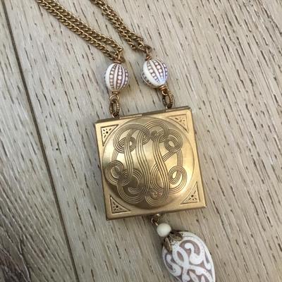 Rare antique Victorian, lockbox, monogrammed, edging, gold, toned, tassel, statement, necklace Unique, very rare