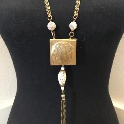 Rare antique Victorian, lockbox, monogrammed, edging, gold, toned, tassel, statement, necklace Unique, very rare