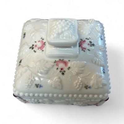 Sale Photo Thumbnail #359: Westmoreland Milk Glass Covered Candy Dish in the Paneled Grape pattern and hand painted roses