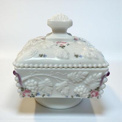 Sale Photo Thumbnail #360: Westmoreland Milk Glass Covered Candy Dish in the Paneled Grape pattern and hand painted roses