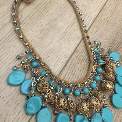 Beautiful, rare vintage, Miriam Haskell, excellent condition Egyptian revival turquoise and gold, toned statement necklace