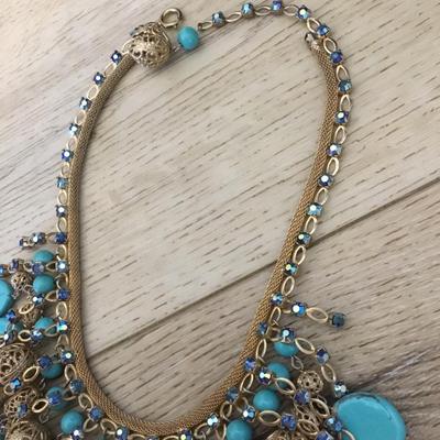 Beautiful, rare vintage, Miriam Haskell, excellent condition Egyptian revival turquoise and gold, toned statement necklace