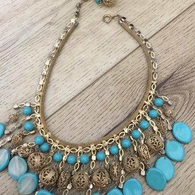 Beautiful, rare vintage, Miriam Haskell, excellent condition Egyptian revival turquoise and gold, toned statement necklace