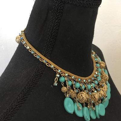Beautiful, rare vintage, Miriam Haskell, excellent condition Egyptian revival turquoise and gold, toned statement necklace