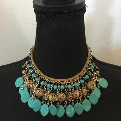 Beautiful, rare vintage, Miriam Haskell, excellent condition Egyptian revival turquoise and gold, toned statement necklace
