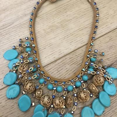 Beautiful, rare vintage, Miriam Haskell, excellent condition Egyptian revival turquoise and gold, toned statement necklace