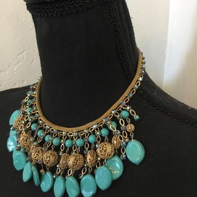 Beautiful, rare vintage, Miriam Haskell, excellent condition Egyptian revival turquoise and gold, toned statement necklace