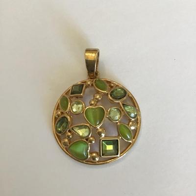 Vintage Roman signed gold tone pendant with green Rhinestones