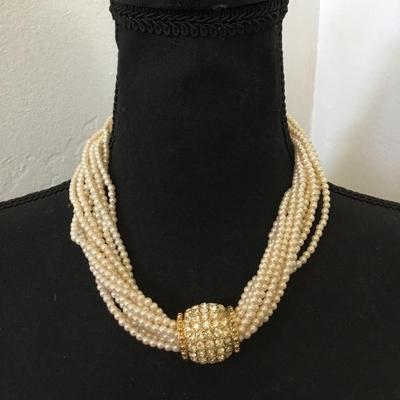 Vintage faux, pearl, rhinestone statement, necklace