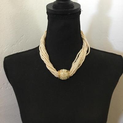 Vintage faux, pearl, rhinestone statement, necklace