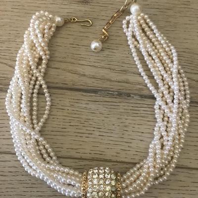 Vintage faux, pearl, rhinestone statement, necklace