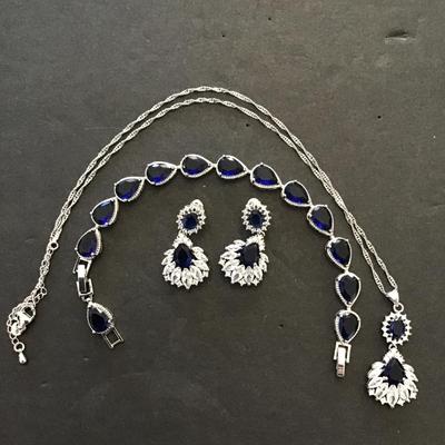 Beautiful Blue rhinestones, crystal rhinestones, necklace, bracelet, and earring combo mark 925