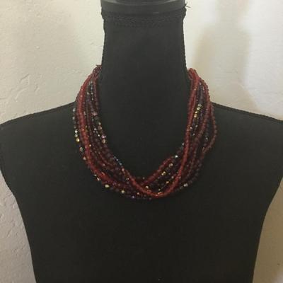 Beautiful, vintage, faux, glass, dark cherry, red beaded statement, necklace, multi strand