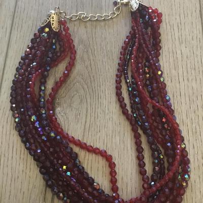 Beautiful, vintage, faux, glass, dark cherry, red beaded statement, necklace, multi strand