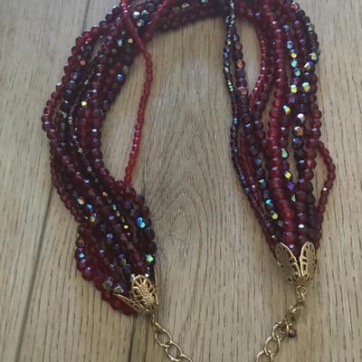 Beautiful, vintage, faux, glass, dark cherry, red beaded statement, necklace, multi strand
