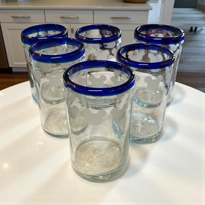 Sale Photo Thumbnail #381: Walt Disney Mikey Mouse Cobalt Blue Rimmed Drinking Glasses.   Hand Blown.   Set of 6 Glasses