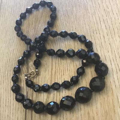Vintage faceted jet black glass bead necklace