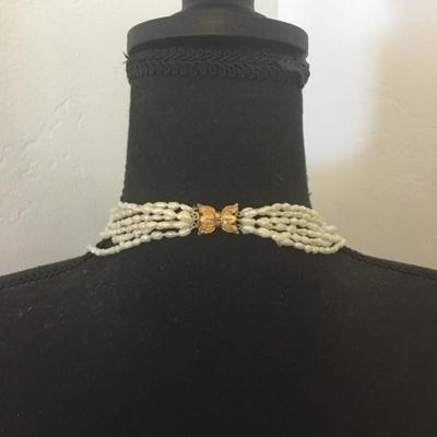 Vintage, genuine, race, pearl multi strand necklace, gold toned