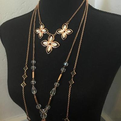 Beautiful, copper, toned or rose, gold, toned, crystal flower, statement, tassel necklace