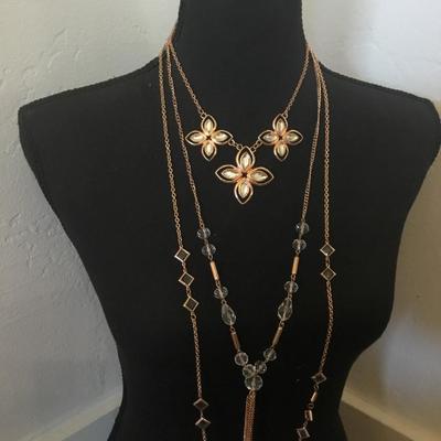 Beautiful, copper, toned or rose, gold, toned, crystal flower, statement, tassel necklace