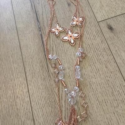 Beautiful, copper, toned or rose, gold, toned, crystal flower, statement, tassel necklace