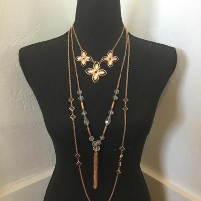 Beautiful, copper, toned or rose, gold, toned, crystal flower, statement, tassel necklace