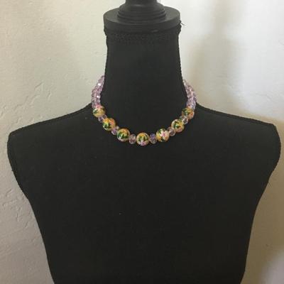 Gorgeous tropical pink glass, crystal bead choker necklace