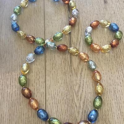 Vintage oval, multicolored foil, bead, chunky necklace, and matching bracelet