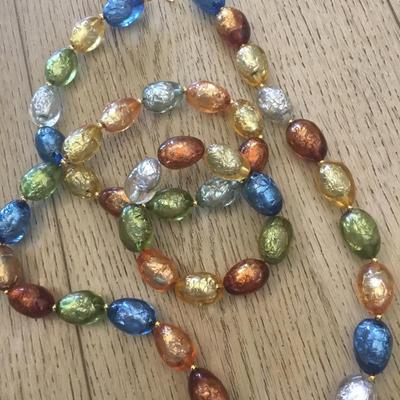 Vintage oval, multicolored foil, bead, chunky necklace, and matching bracelet