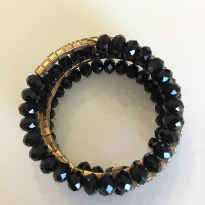 Vintage wrap bracelet with black faceted glass beads and Rhinestones
