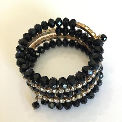Vintage wrap bracelet with black faceted glass beads and Rhinestones