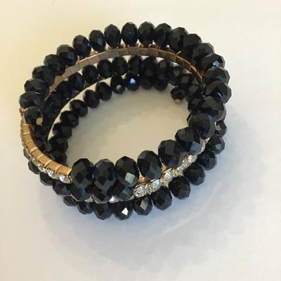 Vintage wrap bracelet with black faceted glass beads and Rhinestones