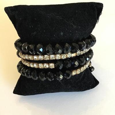 Vintage wrap bracelet with black faceted glass beads and Rhinestones