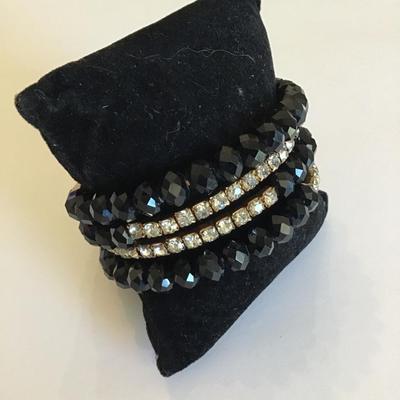 Vintage wrap bracelet with black faceted glass beads and Rhinestones