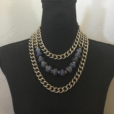 Gorgeous vintage, Lori, Levitt chunky silver tone, chain and chunky lapis stone bead statement, necklace, heavy and very chunky....
