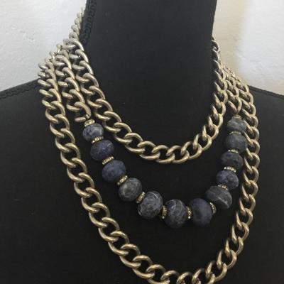Gorgeous vintage, Lori, Levitt chunky silver tone, chain and chunky lapis stone bead statement, necklace, heavy and very chunky....