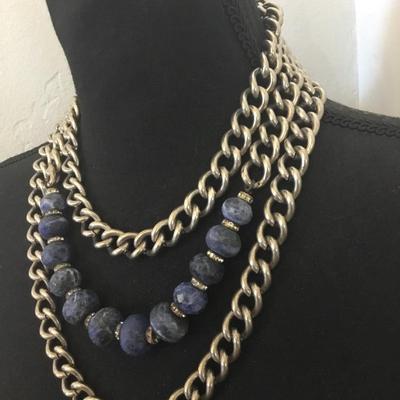 Gorgeous vintage, Lori, Levitt chunky silver tone, chain and chunky lapis stone bead statement, necklace, heavy and very chunky....