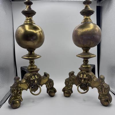 Antique Brass Andirons Fireplace Chenets – Lion Head Design, Ornate Vintage Pair