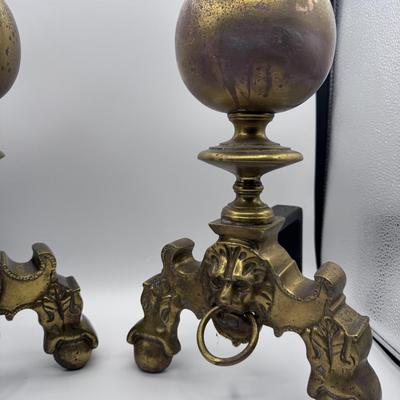 Antique Brass Andirons Fireplace Chenets – Lion Head Design, Ornate Vintage Pair
