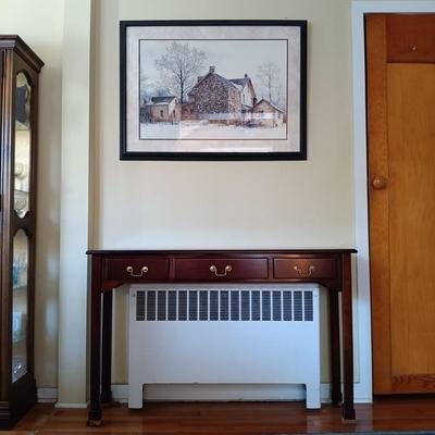 LOT 1: Bombay Company 3-Drawer Console Table with a Framed Print of Ray Hendershot's 'The Farmer's Daughter'