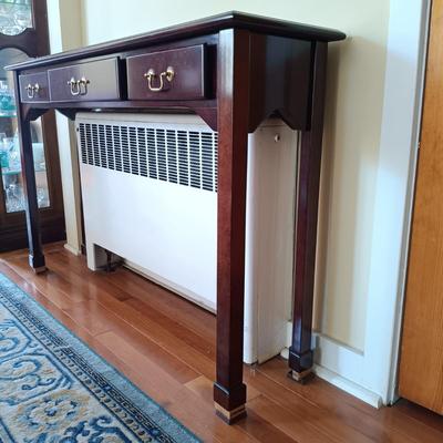 LOT 1: Bombay Company 3-Drawer Console Table with a Framed Print of Ray Hendershot's 'The Farmer's Daughter'