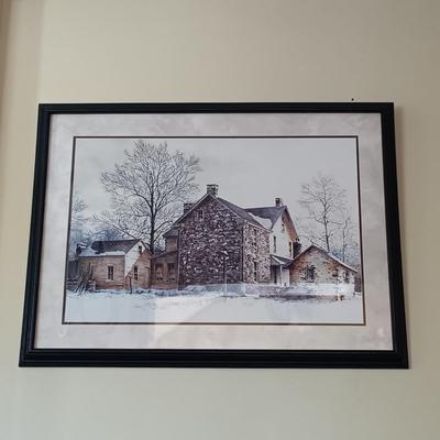 LOT 1: Bombay Company 3-Drawer Console Table with a Framed Print of Ray Hendershot's 'The Farmer's Daughter'