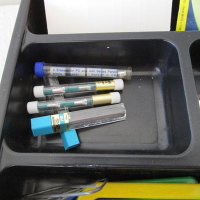 Sale Photo Thumbnail #117: Desk drawer organizer,  paper clips (various sizes), post-it notes, post-it flags, small metal ruler, circle template, 2 staple removers, note pads, #10 envelopes, correction tape, letter opener with knife, hole punch, Command hooks, etc.