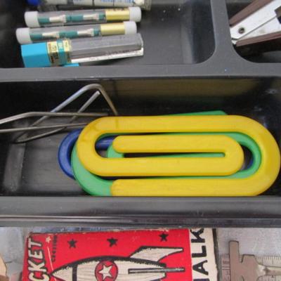 Sale Photo Thumbnail #118: Desk drawer organizer,  paper clips (various sizes), post-it notes, post-it flags, small metal ruler, circle template, 2 staple removers, note pads, #10 envelopes, correction tape, letter opener with knife, hole punch, Command hooks, etc.