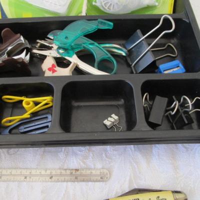 Sale Photo Thumbnail #121: Desk drawer organizer,  paper clips (various sizes), post-it notes, post-it flags, small metal ruler, circle template, 2 staple removers, note pads, #10 envelopes, correction tape, letter opener with knife, hole punch, Command hooks, etc.
