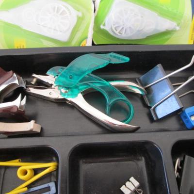 Sale Photo Thumbnail #119: Desk drawer organizer,  paper clips (various sizes), post-it notes, post-it flags, small metal ruler, circle template, 2 staple removers, note pads, #10 envelopes, correction tape, letter opener with knife, hole punch, Command hooks, etc.
