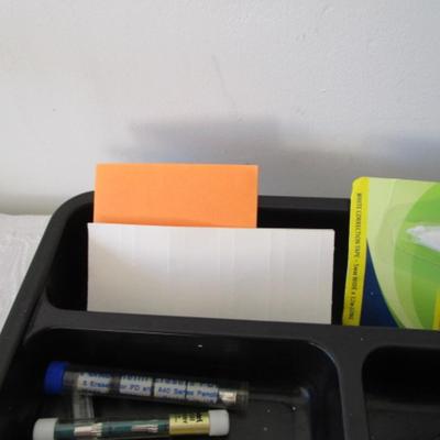 Sale Photo Thumbnail #116: Desk drawer organizer,  paper clips (various sizes), post-it notes, post-it flags, small metal ruler, circle template, 2 staple removers, note pads, #10 envelopes, correction tape, letter opener with knife, hole punch, Command hooks, etc.