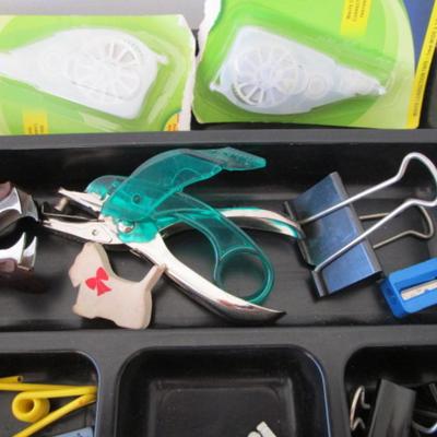 Sale Photo Thumbnail #120: Desk drawer organizer,  paper clips (various sizes), post-it notes, post-it flags, small metal ruler, circle template, 2 staple removers, note pads, #10 envelopes, correction tape, letter opener with knife, hole punch, Command hooks, etc.