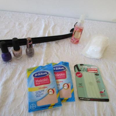 Sale Photo Thumbnail #174: 3 bottles Nail polish, 1 pkg gauze, Gel shoe cushions, 2 pkg moleskin + padding, 1 bottle Scent Worx body mist, shoe horn
